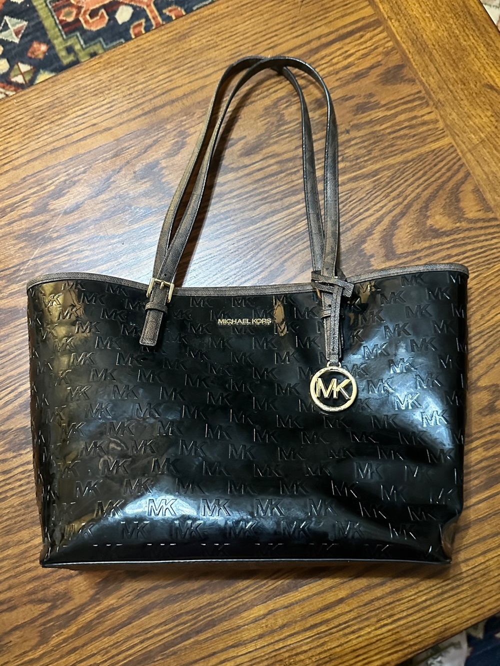 Michael Kors Black Patent MK Embossed Tote with Gold Charm